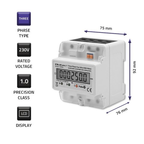 Qoltec Trójfazowy elektroniczny licznik | miernik zużycia energii na szynę DIN | 400V | LCD | 4P Qoltec Trójfazowy elektroniczny licznik | miernik zużycia energii na szynę DIN | 400V | LCD | 4P