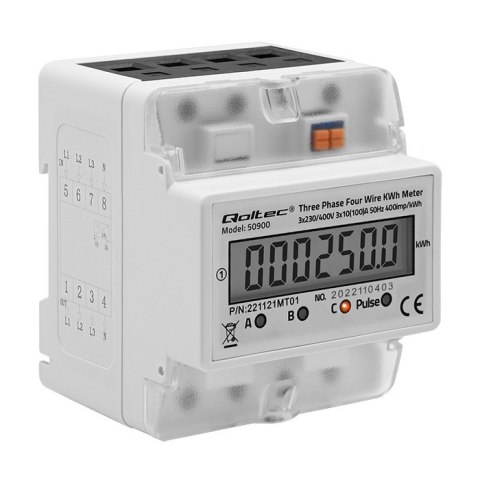 Qoltec Trójfazowy elektroniczny licznik | miernik zużycia energii na szynę DIN | 400V | LCD | 4P Qoltec Trójfazowy elektroniczny licznik | miernik zużycia energii na szynę DIN | 400V | LCD | 4P