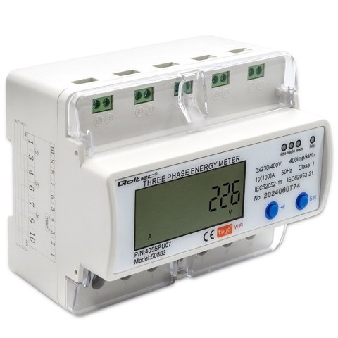 Qoltec Trójfazowy elektroniczny licznik | miernik zużycia energii na szynę DIN | 400V | LCD | Wi-Fi Qoltec Trójfazowy elektroniczny licznik | miernik zużycia energii na szynę DIN | 400V | LCD | Wi-Fi