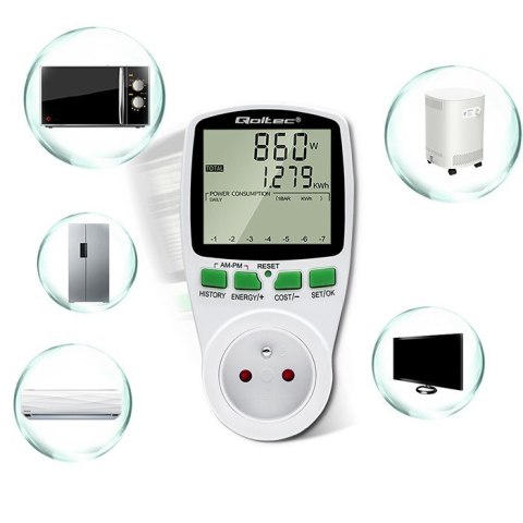 Qoltec Watomierz Licznik zużycia energii PM0627 z historią pomiaru | 3680W | 16A | LCD Qoltec Watomierz Licznik zużycia energii PM0627 z historią pomiaru | 3680W | 16A | LCD