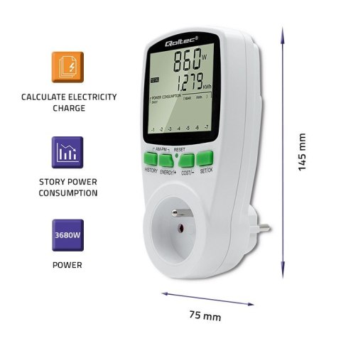 Qoltec Watomierz Licznik zużycia energii PM0627 z historią pomiaru | 3680W | 16A | LCD Qoltec Watomierz Licznik zużycia energii PM0627 z historią pomiaru | 3680W | 16A | LCD