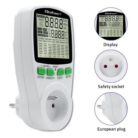 Qoltec Watomierz Licznik zużycia energii PM0627 z historią pomiaru | 3680W | 16A | LCD Qoltec Watomierz Licznik zużycia energii PM0627 z historią pomiaru | 3680W | 16A | LCD