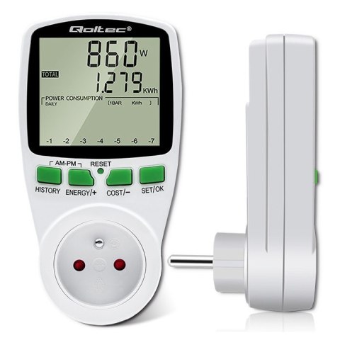 Qoltec Watomierz Licznik zużycia energii PM0627 z historią pomiaru | 3680W | 16A | LCD Qoltec Watomierz Licznik zużycia energii PM0627 z historią pomiaru | 3680W | 16A | LCD