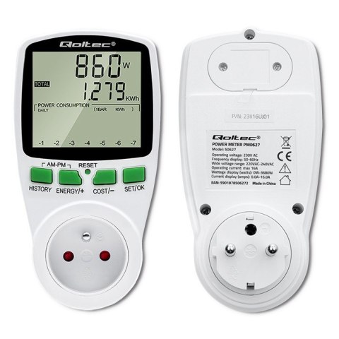 Qoltec Watomierz Licznik zużycia energii PM0627 z historią pomiaru | 3680W | 16A | LCD Qoltec Watomierz Licznik zużycia energii PM0627 z historią pomiaru | 3680W | 16A | LCD