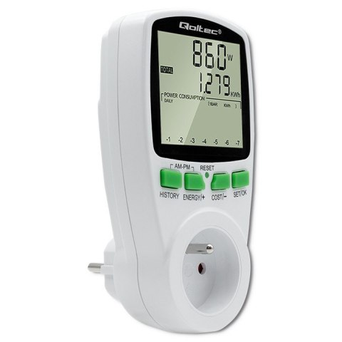 Qoltec Watomierz Licznik zużycia energii PM0627 z historią pomiaru | 3680W | 16A | LCD Qoltec Watomierz Licznik zużycia energii PM0627 z historią pomiaru | 3680W | 16A | LCD