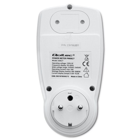 Qoltec Watomierz Licznik zużycia energii PM0627 z historią pomiaru | 3680W | 16A | LCD Qoltec Watomierz Licznik zużycia energii PM0627 z historią pomiaru | 3680W | 16A | LCD