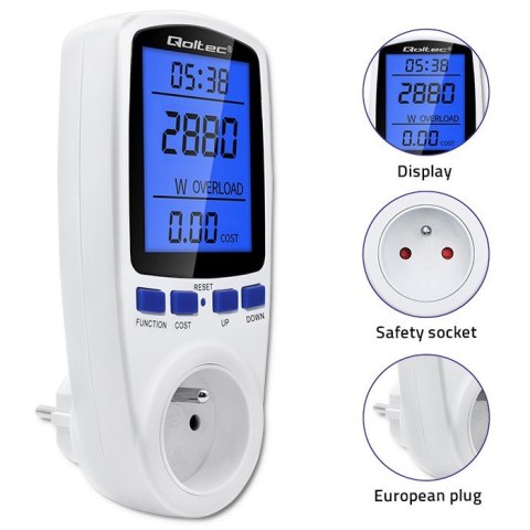 Qoltec Watomierz licznik zużycia energii PM0626 | 3680W | 16A | LCD Qoltec Watomierz licznik zużycia energii PM0626 | 3680W | 16A | LCD