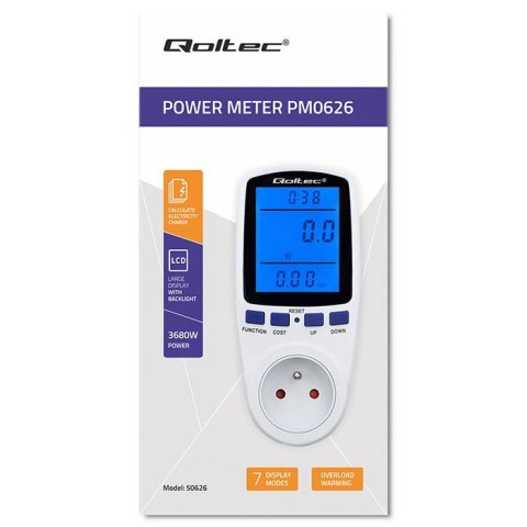 Qoltec Watomierz licznik zużycia energii PM0626 | 3680W | 16A | LCD Qoltec Watomierz licznik zużycia energii PM0626 | 3680W | 16A | LCD
