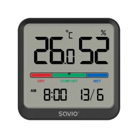 Savio Czujnik temperatury i wilgotności, do użytku wewnętrznego, ekran LCD, zegar, data, uchwyt z magnesem, CT-01/B Czarny Savio Czujnik temperatury i wilgotności, do użytku wewnętrznego, ekran LCD, zegar, data, uchwyt z magnesem, CT-01/B Czarny