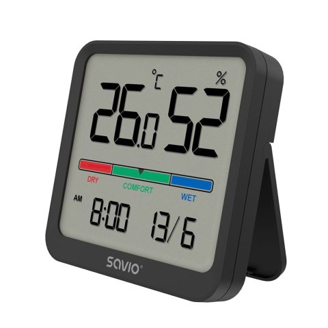 Savio Czujnik temperatury i wilgotności, do użytku wewnętrznego, ekran LCD, zegar, data, uchwyt z magnesem, CT-01/B Czarny Savio Czujnik temperatury i wilgotności, do użytku wewnętrznego, ekran LCD, zegar, data, uchwyt z magnesem, CT-01/B Czarny