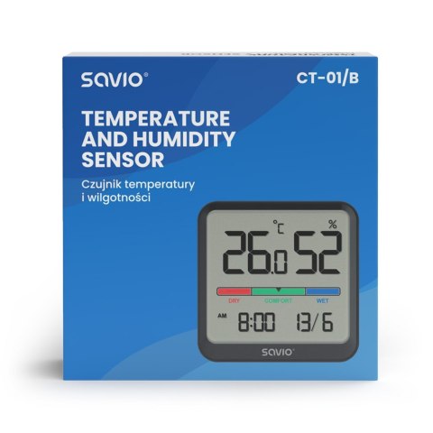 Savio Czujnik temperatury i wilgotności, do użytku wewnętrznego, ekran LCD, zegar, data, uchwyt z magnesem, CT-01/B Czarny Savio Czujnik temperatury i wilgotności, do użytku wewnętrznego, ekran LCD, zegar, data, uchwyt z magnesem, CT-01/B Czarny