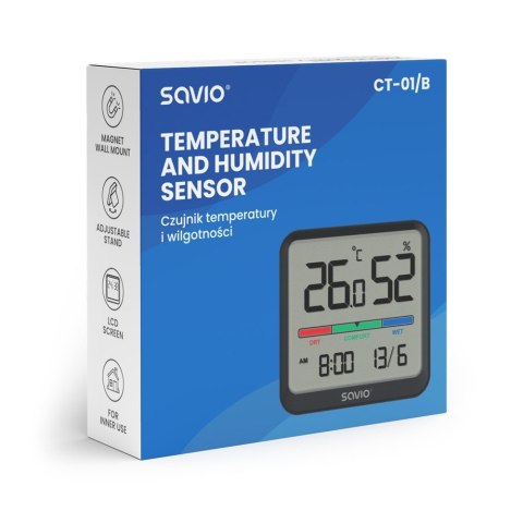 Savio Czujnik temperatury i wilgotności, do użytku wewnętrznego, ekran LCD, zegar, data, uchwyt z magnesem, CT-01/B Czarny Savio Czujnik temperatury i wilgotności, do użytku wewnętrznego, ekran LCD, zegar, data, uchwyt z magnesem, CT-01/B Czarny