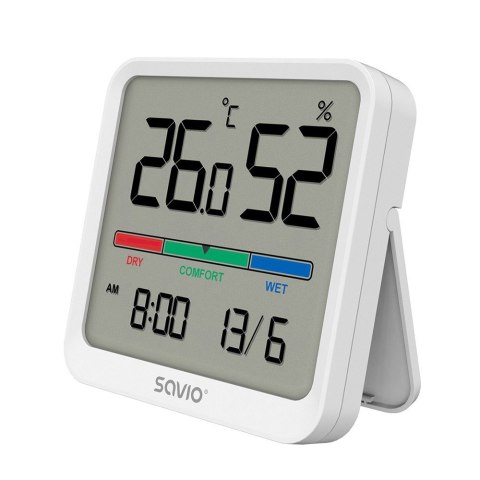 Savio Czujnik temperatury i wilgotności, do użytku wewnętrznego, ekran LCD, zegar, data, uchwyt z magnesem, CT-01/W Biały Savio Czujnik temperatury i wilgotności, do użytku wewnętrznego, ekran LCD, zegar, data, uchwyt z magnesem, CT-01/W Biały