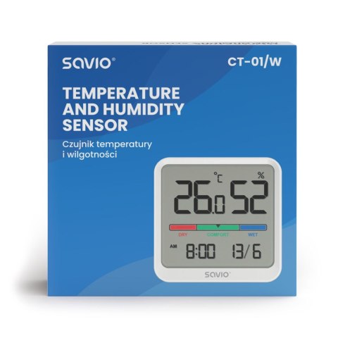 Savio Czujnik temperatury i wilgotności, do użytku wewnętrznego, ekran LCD, zegar, data, uchwyt z magnesem, CT-01/W Biały Savio Czujnik temperatury i wilgotności, do użytku wewnętrznego, ekran LCD, zegar, data, uchwyt z magnesem, CT-01/W Biały