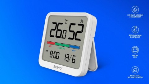 Savio Czujnik temperatury i wilgotności, do użytku wewnętrznego, ekran LCD, zegar, data, uchwyt z magnesem, CT-01/W Biały Savio Czujnik temperatury i wilgotności, do użytku wewnętrznego, ekran LCD, zegar, data, uchwyt z magnesem, CT-01/W Biały