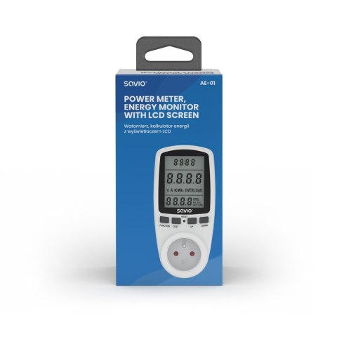 Savio Watomierz, kalkulator energii z wyświetlaczem LCD, 16A, 3680W, AE-01 Savio Watomierz, kalkulator energii z wyświetlaczem LCD, 16A, 3680W, AE-01
