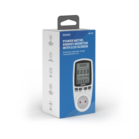 Savio Watomierz, kalkulator energii z wyświetlaczem LCD, 16A, 3680W, AE-01 Savio Watomierz, kalkulator energii z wyświetlaczem LCD, 16A, 3680W, AE-01