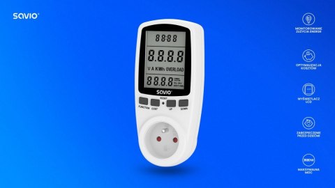 Savio Watomierz, kalkulator energii z wyświetlaczem LCD, 16A, 3680W, AE-01 Savio Watomierz, kalkulator energii z wyświetlaczem LCD, 16A, 3680W, AE-01