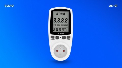 Savio Watomierz, kalkulator energii z wyświetlaczem LCD, 16A, 3680W, AE-01 Savio Watomierz, kalkulator energii z wyświetlaczem LCD, 16A, 3680W, AE-01