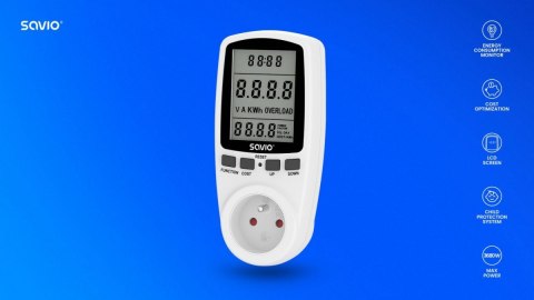 Savio Watomierz, kalkulator energii z wyświetlaczem LCD, 16A, 3680W, AE-01 Savio Watomierz, kalkulator energii z wyświetlaczem LCD, 16A, 3680W, AE-01