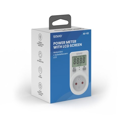 Savio Watomierz z wyświetlaczem LCD, 16A, 3680W, AE-02 Savio Watomierz z wyświetlaczem LCD, 16A, 3680W, AE-02