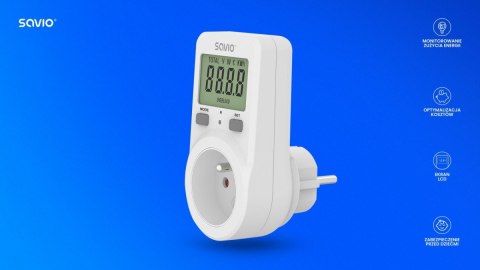 Savio Watomierz z wyświetlaczem LCD, 16A, 3680W, AE-02 Savio Watomierz z wyświetlaczem LCD, 16A, 3680W, AE-02