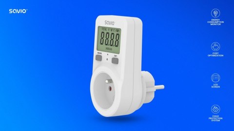 Savio Watomierz z wyświetlaczem LCD, 16A, 3680W, AE-02 Savio Watomierz z wyświetlaczem LCD, 16A, 3680W, AE-02