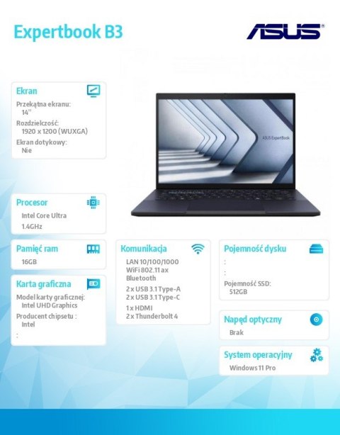 Asus Notebook ExpertBook B3 B3404CMA-Q50360X - ultra 7 155H/16GB/512GB/14" WUXGA/Win 11 PRO/3YRS Asus Notebook ExpertBook B3 B3404CMA-Q50360X - ultra 7 155H/16GB/512GB/14" WUXGA/Win 11 PRO/3YRS