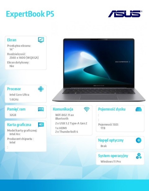Asus Notebook P5405CSA-NZ0407X ultra 5 228V 14 cali/32GB/1TB/ Win 11 PRO/3YRS Asus Notebook P5405CSA-NZ0407X ultra 5 228V 14 cali/32GB/1TB/ Win 11 PRO/3YRS