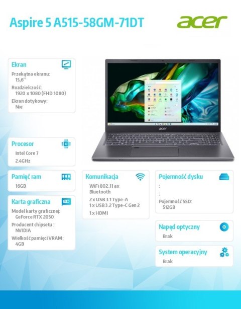 Acer Laptop Aspire 5 A515-58GM-71DT i7-13620H/15.6 FHD/16GB/512GB/GeForce RTX 2050/NoOS Acer Laptop Aspire 5 A515-58GM-71DT i7-13620H/15.6 FHD/16GB/512GB/GeForce RTX 2050/NoOS
