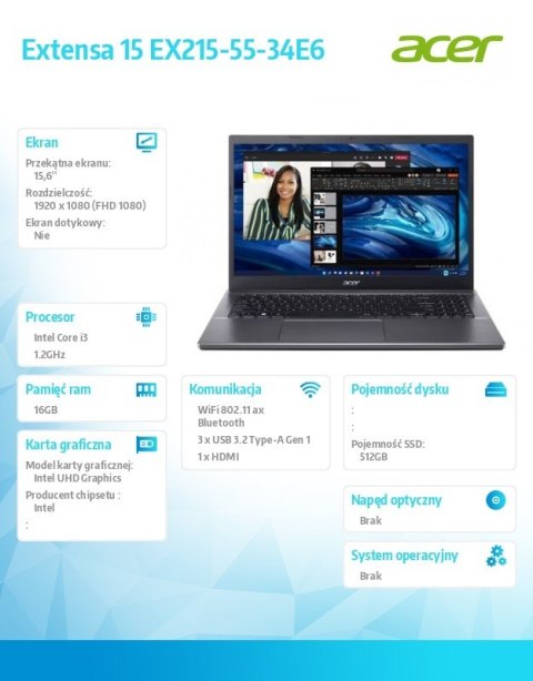 Acer Laptop Extensa 15 EX215-55-34E6 i3-1215U/15.6/16 GB/512GB SSD/NoOS Acer Laptop Extensa 15 EX215-55-34E6 i3-1215U/15.6/16 GB/512GB SSD/NoOS
