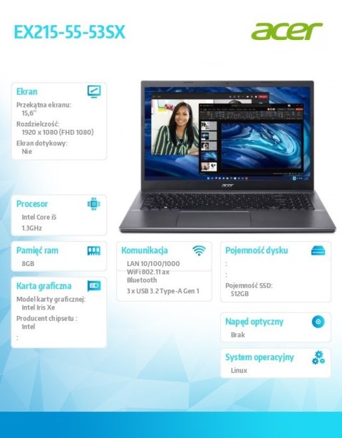 Acer Laptop Extensa 15 EX215-55-53SX i5-1235U 15.6 FHD 8GB 512GB Linux Acer Laptop Extensa 15 EX215-55-53SX i5-1235U 15.6 FHD 8GB 512GB Linux