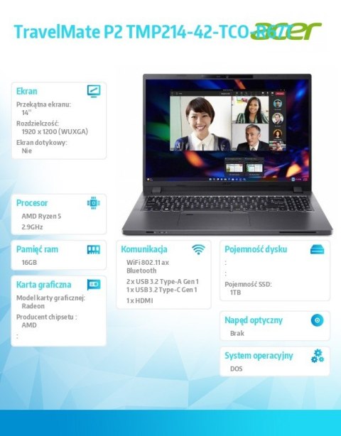 Acer Laptop TravelMate P2 TMP214-42-TCO-R67T R5 PRO 6650U/14.0 FHD IPS/16GB/1TB SSD/DOS Acer Laptop TravelMate P2 TMP214-42-TCO-R67T R5 PRO 6650U/14.0 FHD IPS/16GB/1TB SSD/DOS