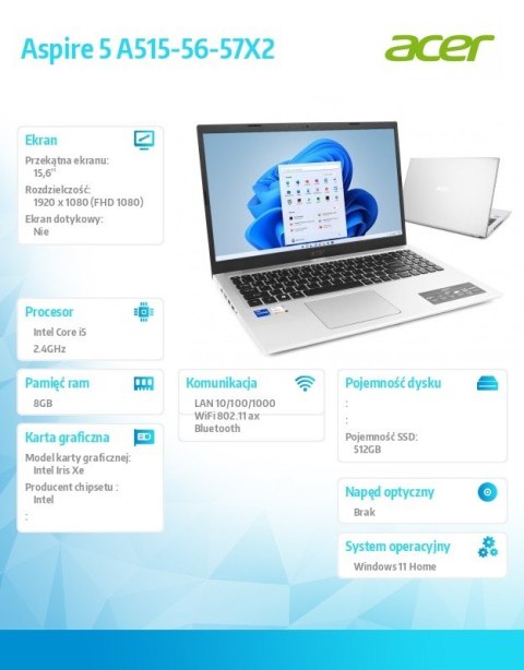 Acer Notebook Aspire 5 A515-56-57X2 i5-1135G7 15.6 FHD 8GB 512GB W11H Acer Notebook Aspire 5 A515-56-57X2 i5-1135G7 15.6 FHD 8GB 512GB W11H