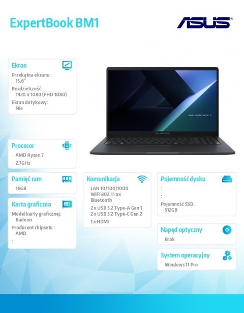 Asus Notebook ExpertBook BM1 BM1503CDA-S70067X - R7 7735U/16GB/512GB/15.6 FHD/Win 11 PRO/3YRS Asus Notebook ExpertBook BM1 BM1503CDA-S70067X - R7 7735U/16GB/512GB/15.6 FHD/Win 11 PRO/3YRS