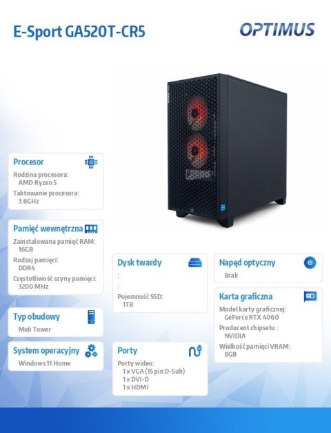 OPTIMUS Komputer E-Sport GA520T-CR5 R5-4500/16GB/1TB/RTX 4060 8GB/W11 OPTIMUS Komputer E-Sport GA520T-CR5 R5-4500/16GB/1TB/RTX 4060 8GB/W11