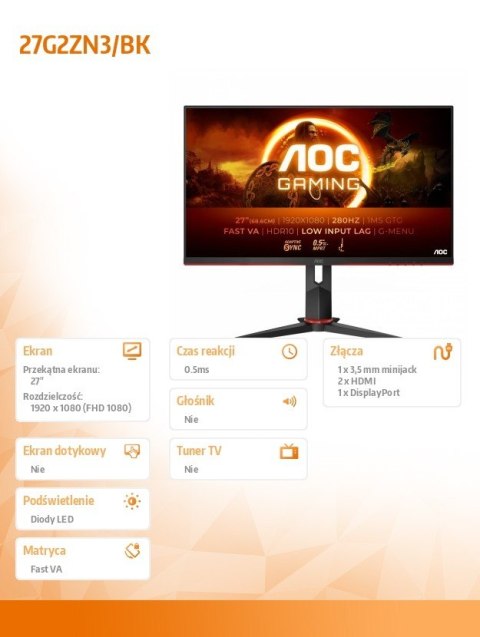 AOC Monitor 27G2ZN3 27 cali Fast VA 280Hz HDMIx2 DP Pivot AOC Monitor 27G2ZN3 27 cali Fast VA 280Hz HDMIx2 DP Pivot