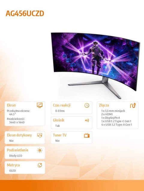 AOC Monitor AG456UCZD 44.5'' Curved OLED 240Hz HDMIx2 DP USB-C HAS Głośniki AOC Monitor AG456UCZD 44.5'' Curved OLED 240Hz HDMIx2 DP USB-C HAS Głośniki