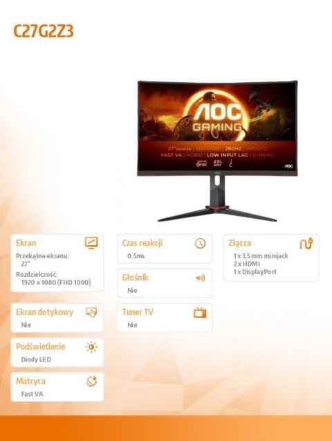 AOC Monitor C27G2Z3 27 cali Zakrzywiony Fast VA 280Hz HDMIx2 DP HAS AOC Monitor C27G2Z3 27 cali Zakrzywiony Fast VA 280Hz HDMIx2 DP HAS