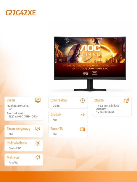 AOC Monitor C27G4ZXE 27 cali Zakrzywiony Fast VA 280Hz HDMIx2 DP AOC Monitor C27G4ZXE 27 cali Zakrzywiony Fast VA 280Hz HDMIx2 DP
