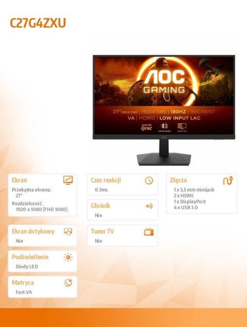 AOC Monitor C27G4ZXU 27 cali Zakrzywiony Fast VA 280Hz HDMIx2 DP AOC Monitor C27G4ZXU 27 cali Zakrzywiony Fast VA 280Hz HDMIx2 DP
