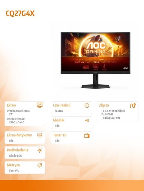 AOC Monitor CQ27G4X 27 cali Zakrzywiony Fast VA 180Hz HDMIx2 DP HAS AOC Monitor CQ27G4X 27 cali Zakrzywiony Fast VA 180Hz HDMIx2 DP HAS