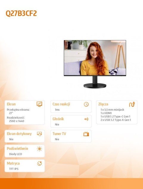 AOC Monitor Q27B3CF2 27 cali IPS 100Hz HDMI USB-C HAS AOC Monitor Q27B3CF2 27 cali IPS 100Hz HDMI USB-C HAS