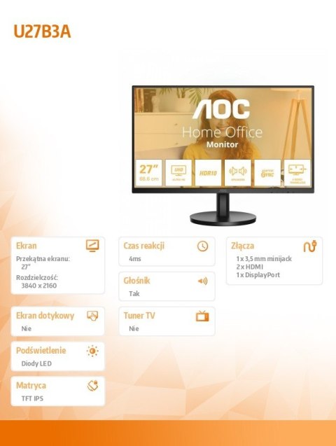 AOC Monitor U27B3A 27 cali IPS 4K HDMIx2 DP Głośniki AOC Monitor U27B3A 27 cali IPS 4K HDMIx2 DP Głośniki