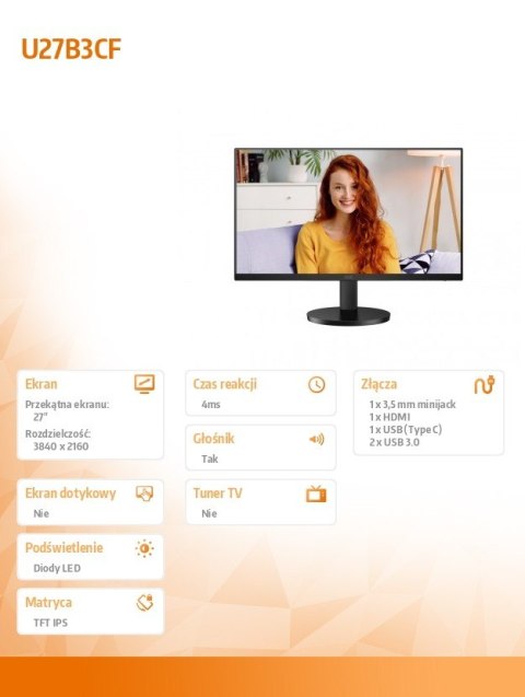 AOC Monitor U27B3CF 27 cali IPS 4K HDMI USB-C HAS Głośniki AOC Monitor U27B3CF 27 cali IPS 4K HDMI USB-C HAS Głośniki