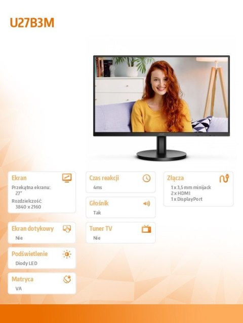 AOC Monitor U27B3M 27 cali VA 4K HDMIx2 DP Głośniki AOC Monitor U27B3M 27 cali VA 4K HDMIx2 DP Głośniki