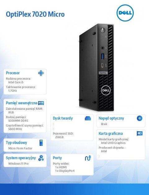 Dell Komputer Optiplex MFF/Core i5-14500T/8GB/256GB SSD/Integrated/WLAN + BT/Kb/Mouse/W11Pro Dell Komputer Optiplex MFF/Core i5-14500T/8GB/256GB SSD/Integrated/WLAN + BT/Kb/Mouse/W11Pro