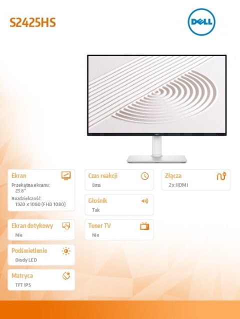 Dell Monitor 23.8 cala S2425HS IPS LED 100Hz Full HD (1920x1080)/16:9/2xHDMI/Speakers/fully adjustable stand/3Y Dell Monitor 23.8 cala S2425HS IPS LED 100Hz Full HD (1920x1080)/16:9/2xHDMI/Speakers/fully adjustable stand/3Y