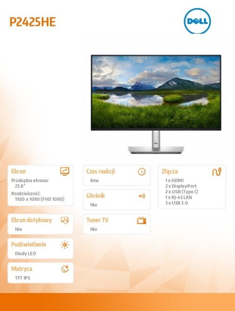 Dell Monitor 24 cale P2425HE LED IPS 1920x1080/16:9/USBC/RJ45/HDMI/DP/USB/3Y Dell Monitor 24 cale P2425HE LED IPS 1920x1080/16:9/USBC/RJ45/HDMI/DP/USB/3Y