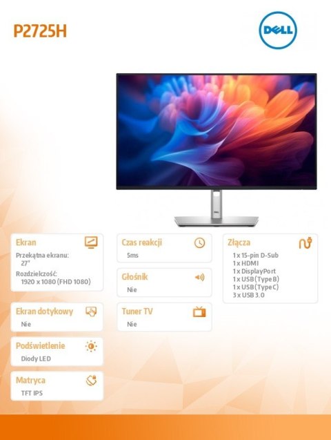 Dell Monitor 27 cali P2725H IPS LED Full HD(1920x1080)/16:9/HDMI/DP/VGA/USB-C/USB/3Y Dell Monitor 27 cali P2725H IPS LED Full HD(1920x1080)/16:9/HDMI/DP/VGA/USB-C/USB/3Y